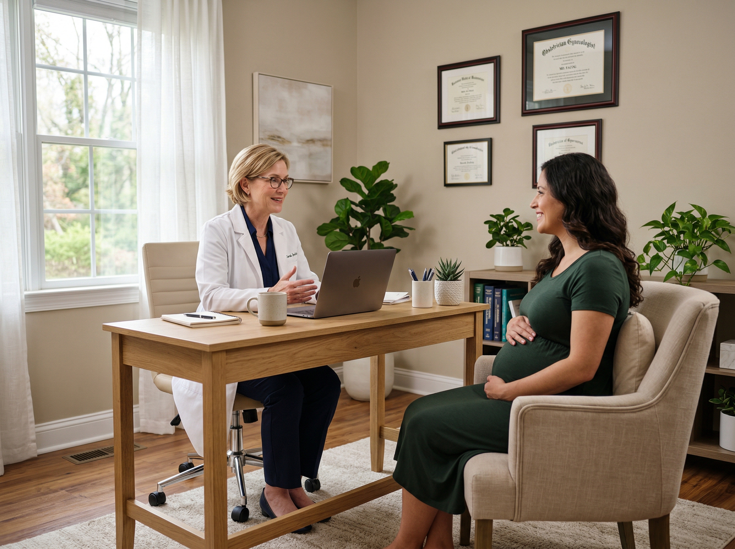 Consultório médico — obstetra e paciente gestante
